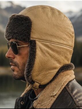 Vintage Unisex Tan Leather Trapper  Aviator Hat